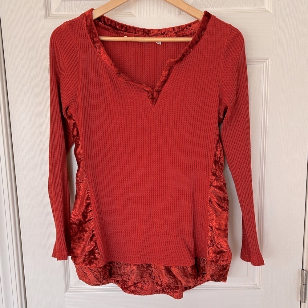 Soft Surroundings Waffle Knit Velvet Trim Burnt Orange Long Sleeve Top